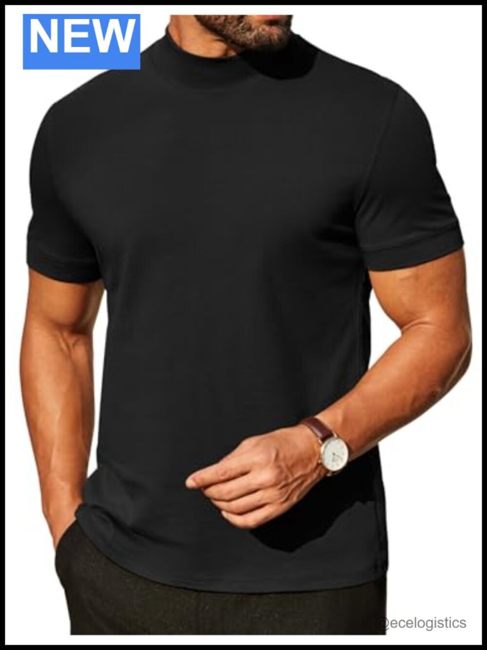 Mock Neck Short Sleeve T-Shirt Premium Cotton Spandex Slim Fit Tee